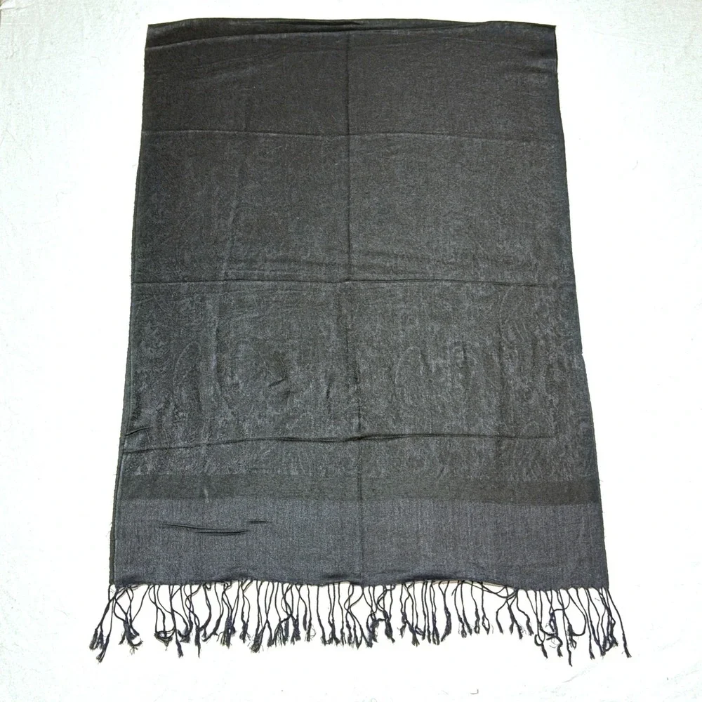 Pashmina Scarf Unisex OS Black Cashmere Silk Blend Paisley Jacquard Fringe Wrap